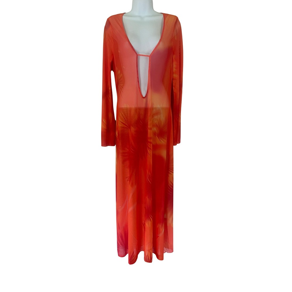 Caroline Constas Orange Tropical Maxi Swim Cover Long Sleeve Deep V-Neck  M New